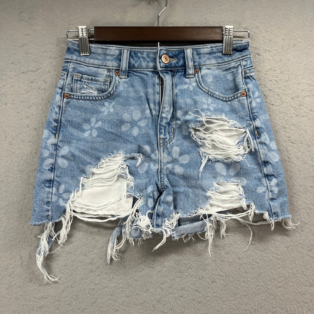 American Eagle Shorts Womens 00 Blue Highest Rise Baggy Floral Distressed Denim